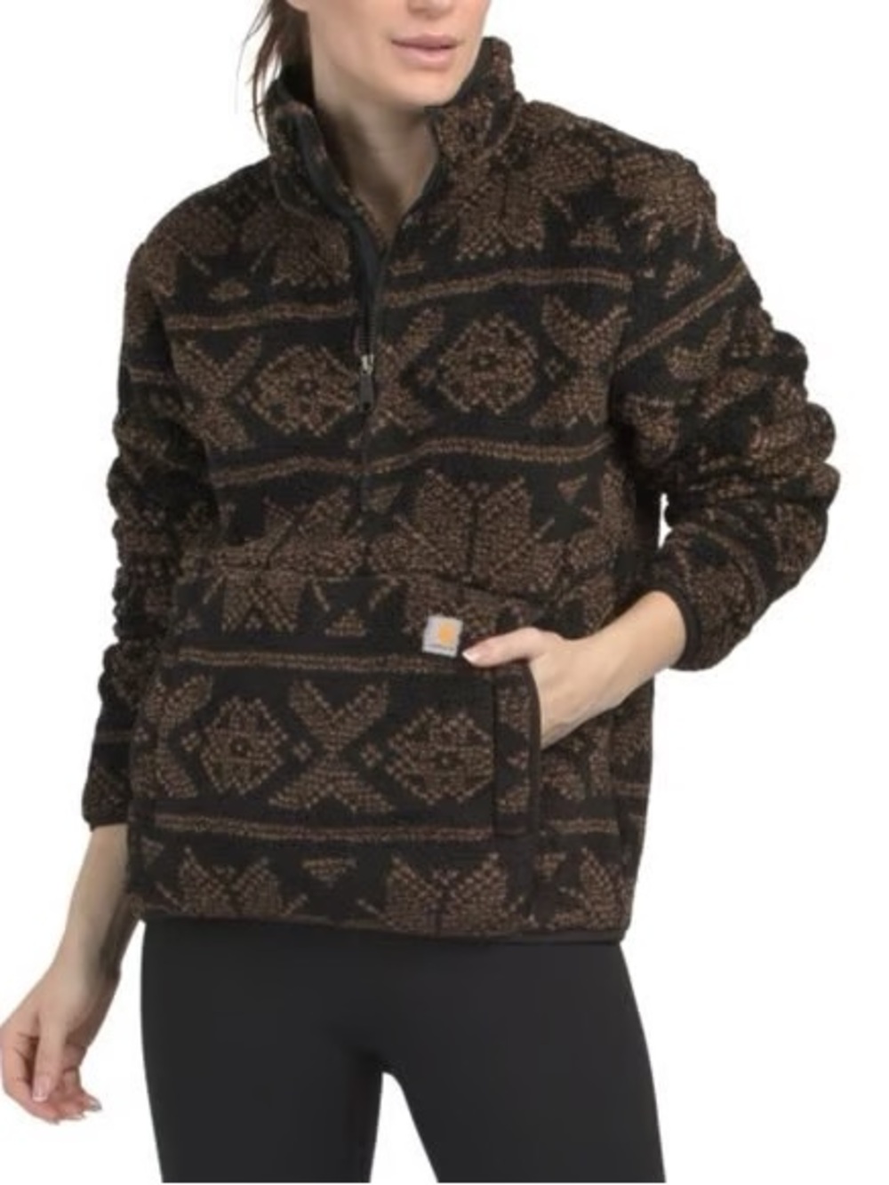 Carhartt Brown and Black Patterned Quarter-Zip Cowl Pullover - Women